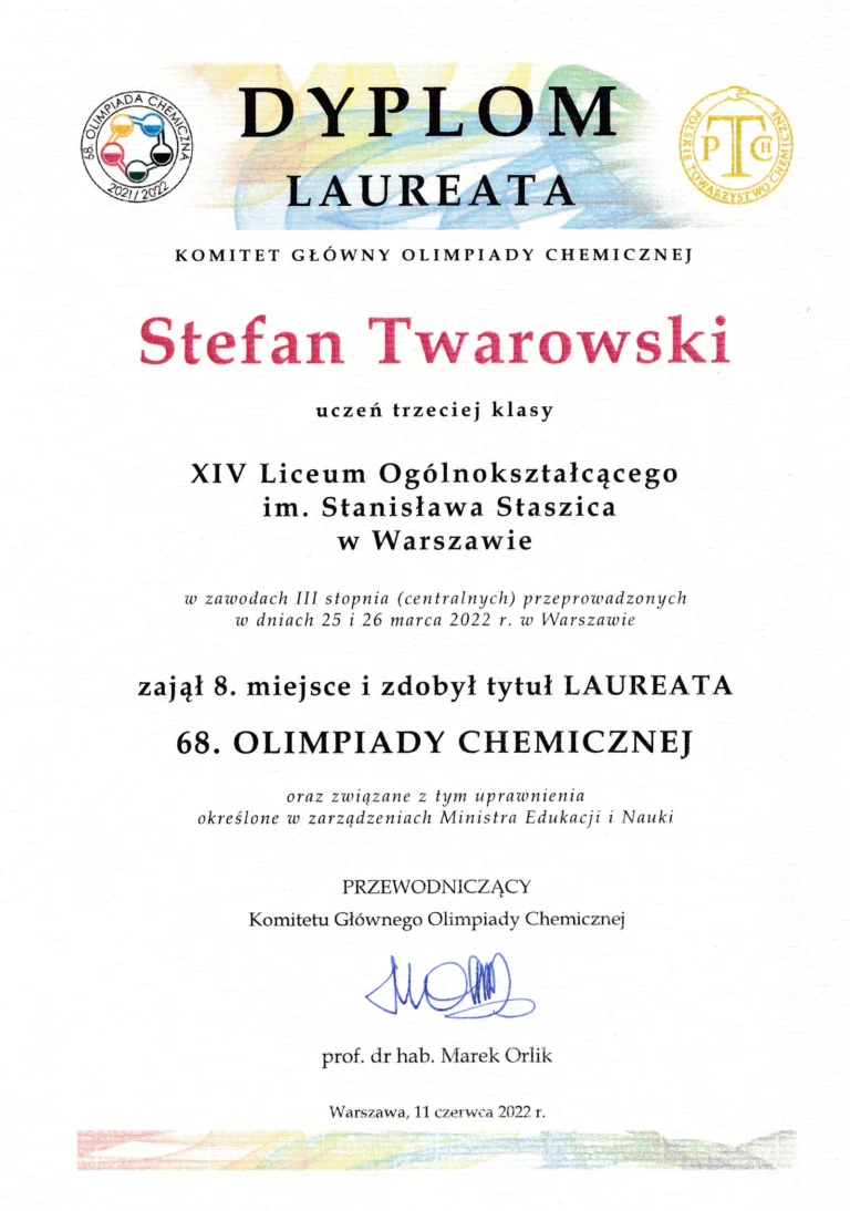 68 Olimpiada Chemiczna dyplom Stefan Twarowski