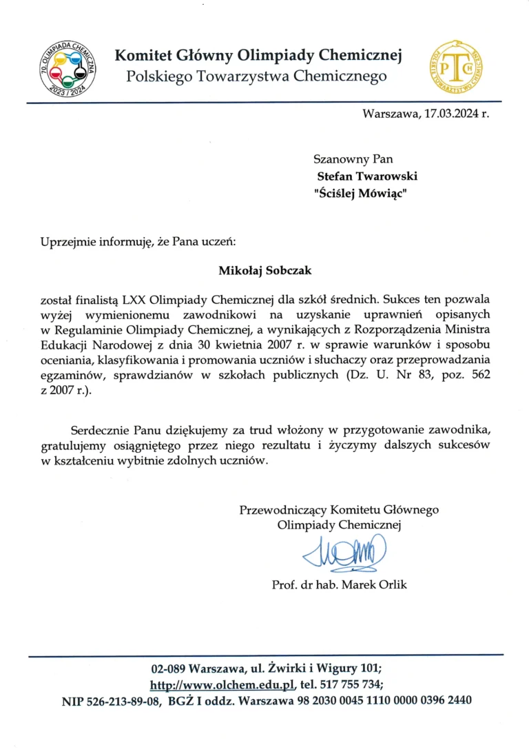70 Olimpiada Chemiczna podziękowania dla Stefan Twarowski za przygotowanie finalisty Mikołaj Sobczak