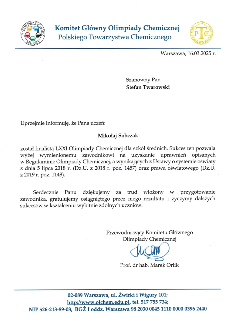 71 Olimpiada Chemiczna Podziękowania finalista dla Stefan Twarowski za Mikołaj Sobczak