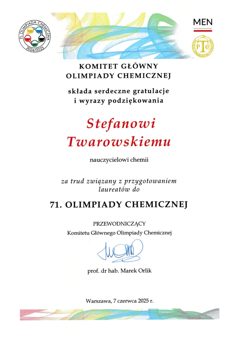 71 Olimpiada Chemiczna Podziękowania laureat dla Stefan Twarowski za Mikołaj Sobczak